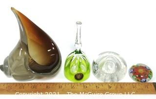 Group of Hand Blown Glass Items Including Paperweights, Bell & Art Glass. 