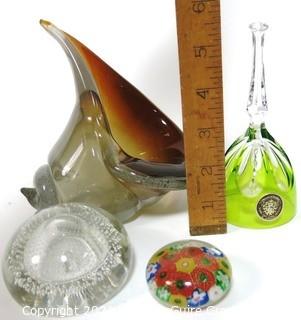 Group of Hand Blown Glass Items Including Paperweights, Bell & Art Glass. 