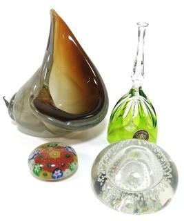 Group of Hand Blown Glass Items Including Paperweights, Bell & Art Glass. 