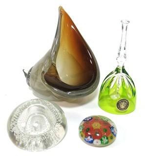 Group of Hand Blown Glass Items Including Paperweights, Bell & Art Glass. 