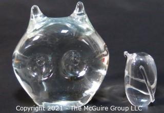 Two Clear Crystal Glass Paperweights in the Shape of an Owl and Penguin.  One signed by artist and marked Murano art glass 