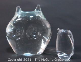 Two Clear Crystal Glass Paperweights in the Shape of an Owl and Penguin.  One signed by artist and marked Murano art glass 