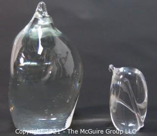 Two Clear Crystal Glass Paperweights in the Shape of an Owl and Penguin.  One signed by artist and marked Murano art glass 