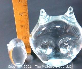 Two Clear Crystal Glass Paperweights in the Shape of an Owl and Penguin.  One signed by artist and marked Murano art glass 