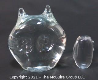 Two Clear Crystal Glass Paperweights in the Shape of an Owl and Penguin.  One signed by artist and marked Murano art glass 