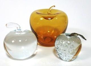 Group of Three Crystal Glass Apple Paperweights or Decorative Items. One signed by artist.