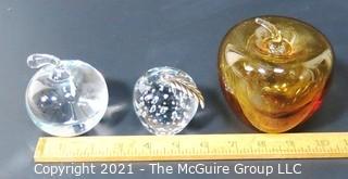 Group of Three Crystal Glass Apple Paperweights or Decorative Items. One signed by artist.