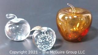 Group of Three Crystal Glass Apple Paperweights or Decorative Items. One signed by artist.