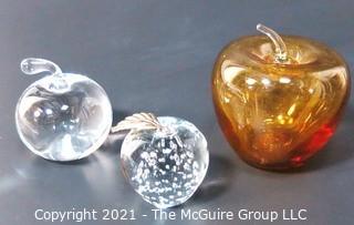 Group of Three Crystal Glass Apple Paperweights or Decorative Items. One signed by artist.