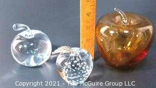 Group of Three Crystal Glass Apple Paperweights or Decorative Items. One signed by artist.