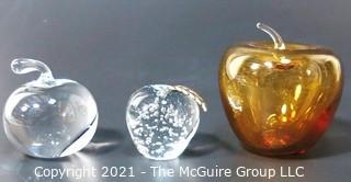 Group of Three Crystal Glass Apple Paperweights or Decorative Items. One signed by artist.