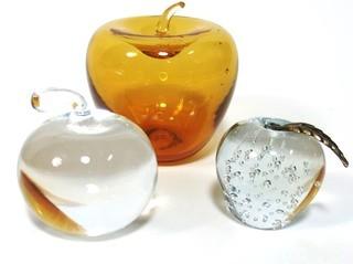 Group of Three Crystal Glass Apple Paperweights or Decorative Items. One signed by artist.