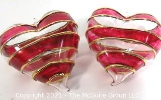 Two Large Hand Blown Clear with Red and Gold Overlay Venetian Glass Puffy Hearts with Stand.  Each measure approximately 4" wide.  