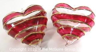 Two Large Hand Blown Clear with Red and Gold Overlay Venetian Glass Puffy Hearts with Stand.  Each measure approximately 4" wide.  