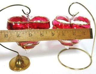 Two Large Hand Blown Clear with Red and Gold Overlay Venetian Glass Puffy Hearts with Stand.  Each measure approximately 4" wide.  