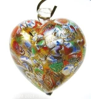 Large Hand Blown Murano Venetian Gold Glass Lampwork Heart on Stand.  Measures approximately 3" wide. 