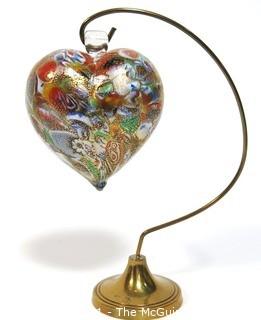 Large Hand Blown Murano Venetian Gold Glass Lampwork Heart on Stand.  Measures approximately 3" wide. 