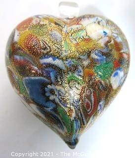 Large Hand Blown Murano Venetian Gold Glass Lampwork Heart on Stand.  Measures approximately 3" wide. 