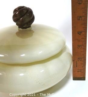 Hand Blown Venetian Glass Trinket Bowl with Gold Flecks and Top Knot Decoration. Measures approximately 6" tall. 