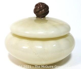 Hand Blown Venetian Glass Trinket Bowl with Gold Flecks and Top Knot Decoration. Measures approximately 6" tall. 