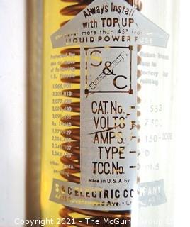 Vintage Machine Age Brass Industrial Liquid Power Fuse by S&C Industries. Originally from a generating station with 150 - 100E AMPs.  Measures approximately 3" x 13" in steampunk design.