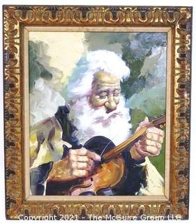 Gilt Framed Original Oil on Canvas of Man Stringing Violin. Artist name illegible. Outside dimensions 26 x 31".