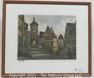 Framed Original Colored Etching titles "Plonlein" by Ernst Geissendorfer; circa 1965