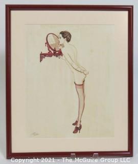 Original Art Deco Framed Under Glass Watercolor on Board of Vargas-Style Nude with Artists Signature.  Measures approximately 16" x 19". Conservation Framed. 