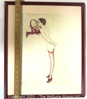 Original Art Deco Framed Under Glass Watercolor on Board of Vargas-Style Nude with Artists Signature.  Measures approximately 16" x 19". Conservation Framed. 