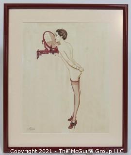 Original Art Deco Framed Under Glass Watercolor on Board of Vargas-Style Nude with Artists Signature.  Measures approximately 16" x 19". Conservation Framed. 