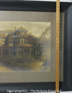 Large Framed Under Glass Sepia Tone Gelatin Silver Print Photograph of Victorian House.  Measures approximately 33" x 27".  Image size is 16" x 20"