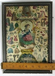 Framed vintage Victorian lithograph "Miss Doll and Her Wardrobe"  ~7"x 10"