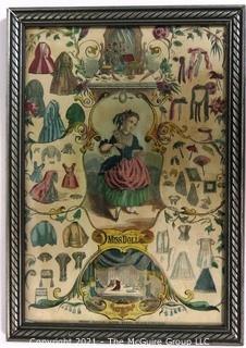 Framed vintage Victorian lithograph "Miss Doll and Her Wardrobe"  ~7"x 10"