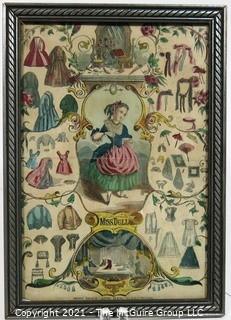 Framed vintage Victorian lithograph "Miss Doll and Her Wardrobe"  ~7"x 10"