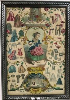 Framed vintage Victorian lithograph "Miss Doll and Her Wardrobe"  ~7"x 10"