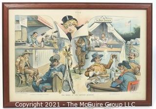 Vintage Framed Under Glass PUCK cartoon.  Measures approximately 22" x 16".