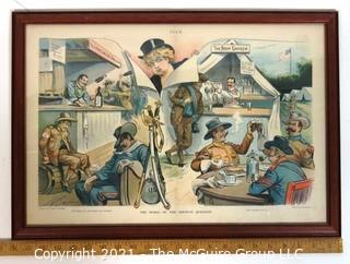 Vintage Framed Under Glass PUCK cartoon.  Measures approximately 22" x 16".