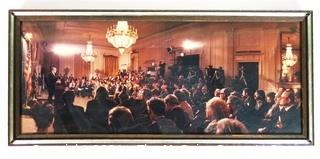 Photo: Political: Panoramic color photo of President Nixon speaking at the White House (Clifford Evans in the central area).