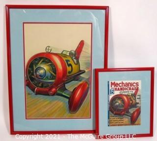 Original "Mock Up" Magazine Cover Art by Joseph Pignone for the May 1936 Edition of Mechanics and Handicraft.  This is paired with the actual framed magazine cover for which it was created. Original oil painting signed by artist and framed under glass, measures approximately 20 x 26".  The magazine cover is framed under glass and measures approximately 12 x 14 1/2". <br> <br>
Mechanics and Handicraft was a 1930's popular-science and make-it-yourself magazine, with designs of the future, it was absorbed into Popular Science Monthly with the March, 1939 issue.

Joseph Pignone was a designer, engineer, painter, illustrator and inventor. See profile about the artist in the photo gallery.  <br> <br>

 