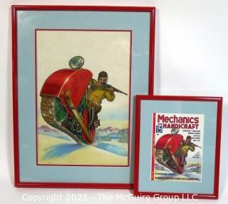 Original "Mock Up" Magazine Cover Art by Joseph Pignone for the February 1936 Edition of Mechanics and Handicraft.  This is paired with the actual framed magazine cover for which it was created. Original oil painting signed by artist and framed under glass, measures approximately 20 x 26".  The magazine cover is framed under glass and measures approximately 12 x 14 1/2". <br> <br>
Mechanics and Handicraft was a 1930's popular-science and make-it-yourself magazine, with designs of the future, it was absorbed into Popular Science Monthly with the March, 1939 issue.

Joseph Pignone was a designer, engineer, painter, illustrator and inventor. See profile about the artist in the photo gallery.  <br> <br>

{Note: The snowmobile was invented years after this rendering} 

 