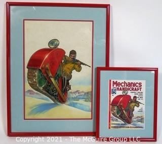 Original "Mock Up" Magazine Cover Art by Joseph Pignone for the February 1936 Edition of Mechanics and Handicraft.  This is paired with the actual framed magazine cover for which it was created. Original oil painting signed by artist and framed under glass, measures approximately 20 x 26".  The magazine cover is framed under glass and measures approximately 12 x 14 1/2". <br> <br>
Mechanics and Handicraft was a 1930's popular-science and make-it-yourself magazine, with designs of the future, it was absorbed into Popular Science Monthly with the March, 1939 issue.

Joseph Pignone was a designer, engineer, painter, illustrator and inventor. See profile about the artist in the photo gallery.  <br> <br>

{Note: The snowmobile was invented years after this rendering} 

 