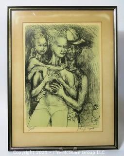 Phillip Evergood Signed and Numbered Lithograph Entitled "Couple with Child", 1965. Some discoloration to top of matting.  Does not affect artwork. Measures approximately 22" x 16".