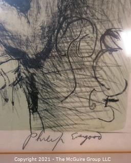 Phillip Evergood Signed and Numbered Lithograph Entitled "Couple with Child", 1965. Some discoloration to top of matting.  Does not affect artwork. Measures approximately 22" x 16".