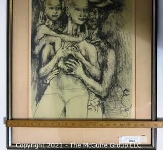 Phillip Evergood Signed and Numbered Lithograph Entitled "Couple with Child", 1965. Some discoloration to top of matting.  Does not affect artwork. Measures approximately 22" x 16".