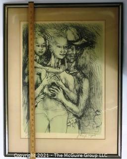 Phillip Evergood Signed and Numbered Lithograph Entitled "Couple with Child", 1965. Some discoloration to top of matting.  Does not affect artwork. Measures approximately 22" x 16".