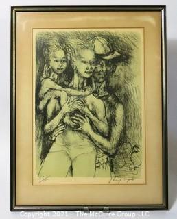 Phillip Evergood Signed and Numbered Lithograph Entitled "Couple with Child", 1965. Some discoloration to top of matting.  Does not affect artwork. Measures approximately 22" x 16".