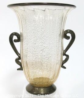 Hand Blown Venetian Glass Vase With Applied Ribbon Handles. Measures approximately 9" tall.