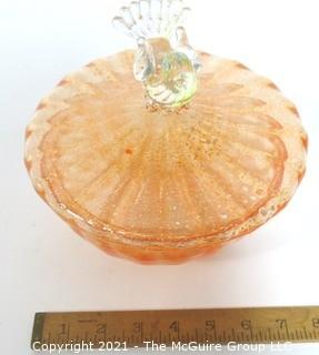 Hand Blown Venetian Apricot & Gold Glass Pedestal Bowl with Lid and Applied Bird, Measures approximately 7" tall.