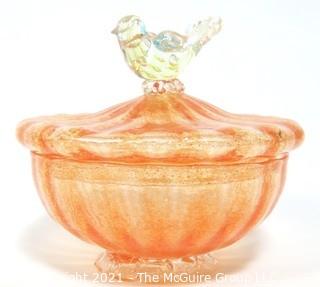 Hand Blown Venetian Apricot & Gold Glass Pedestal Bowl with Lid and Applied Bird, Measures approximately 7" tall.