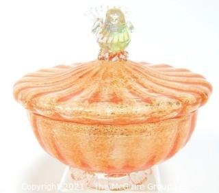 Hand Blown Venetian Apricot & Gold Glass Pedestal Bowl with Lid and Applied Bird, Measures approximately 7" tall.